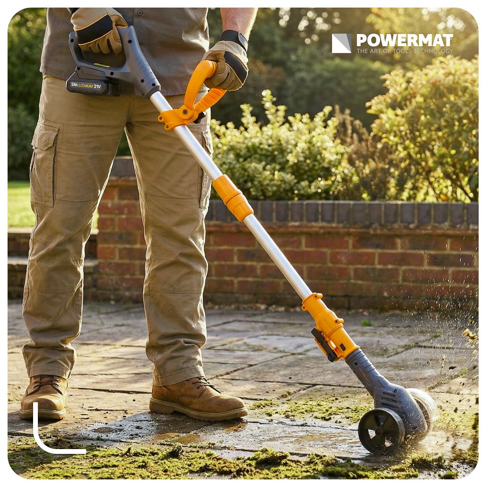 Masina pentru curatare rosturi pavele si taiere margini gazon cu acumulator PM-AKT-2AT, 21 V, Powermat PM1506