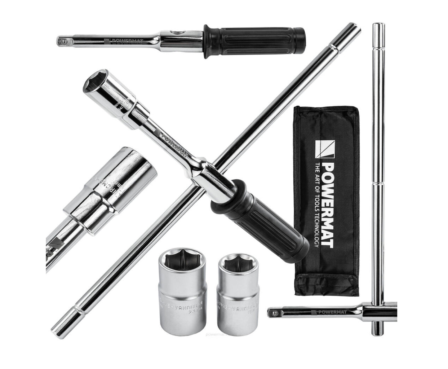 Cheie pliabila in cruce pentru roti PM-KLDK-400T, 1/2", chei tubulare incluse, Powermat PM1619
