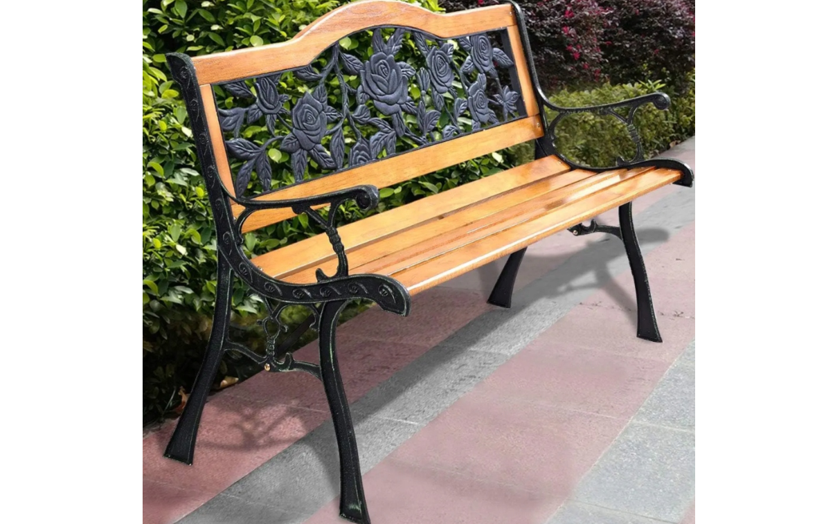 Banca de gradina din lemn cu spatar din metal, 73 x 125 cm, Lean 26570