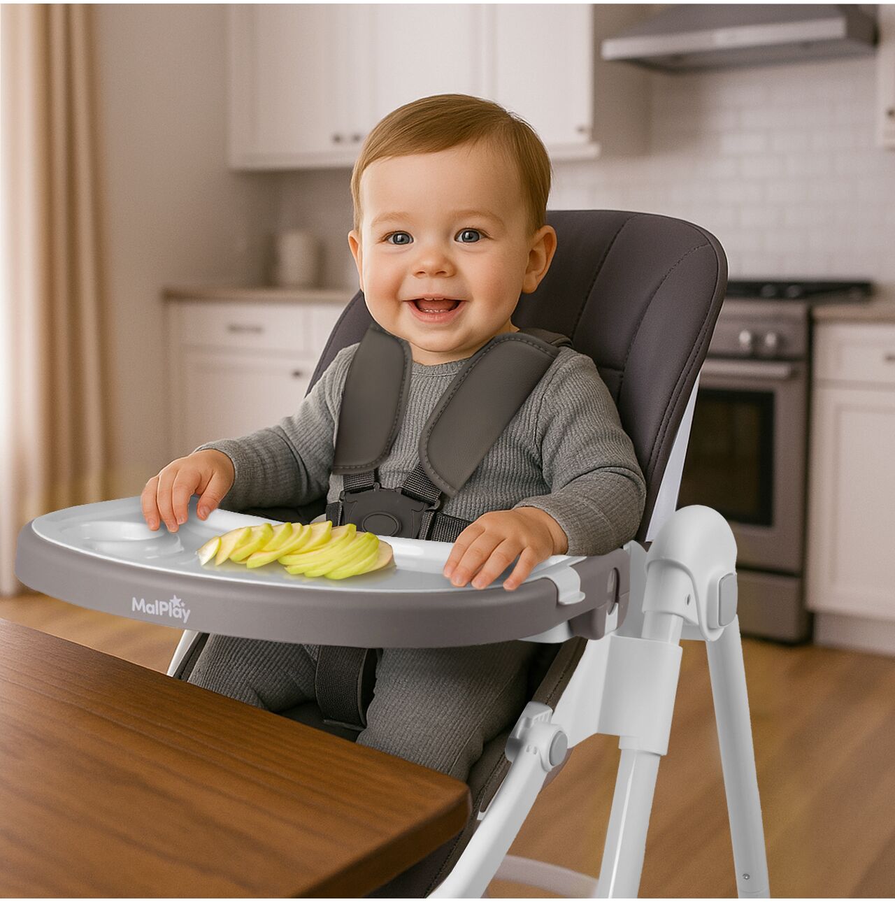 Scaun inalt pliabil pentru hranire cu roti, alb / gri, MalPlay 113159