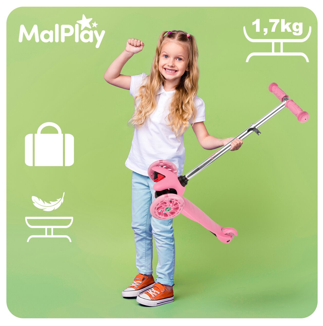 Trotineta cu 3 roti pentru copii cu roti luminoase LED, roz, MalPlay 111334