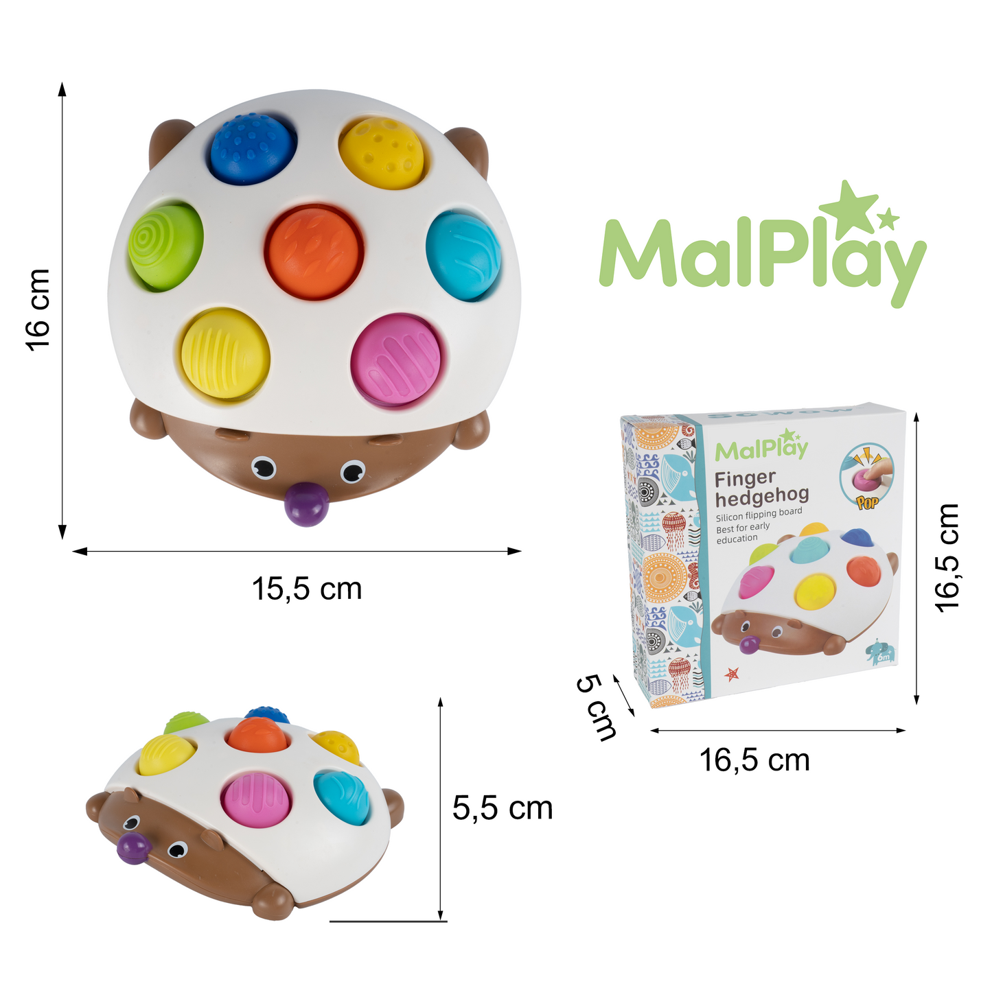 Jucarie senzoriala Pop-It arici, 16cm x 15.5cm x 4cm, MalPlay 111573