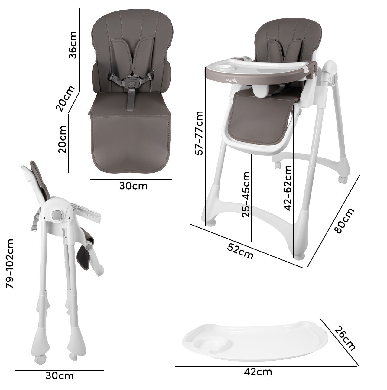 Scaun inalt pliabil pentru hranire cu roti, alb / gri, MalPlay 113159