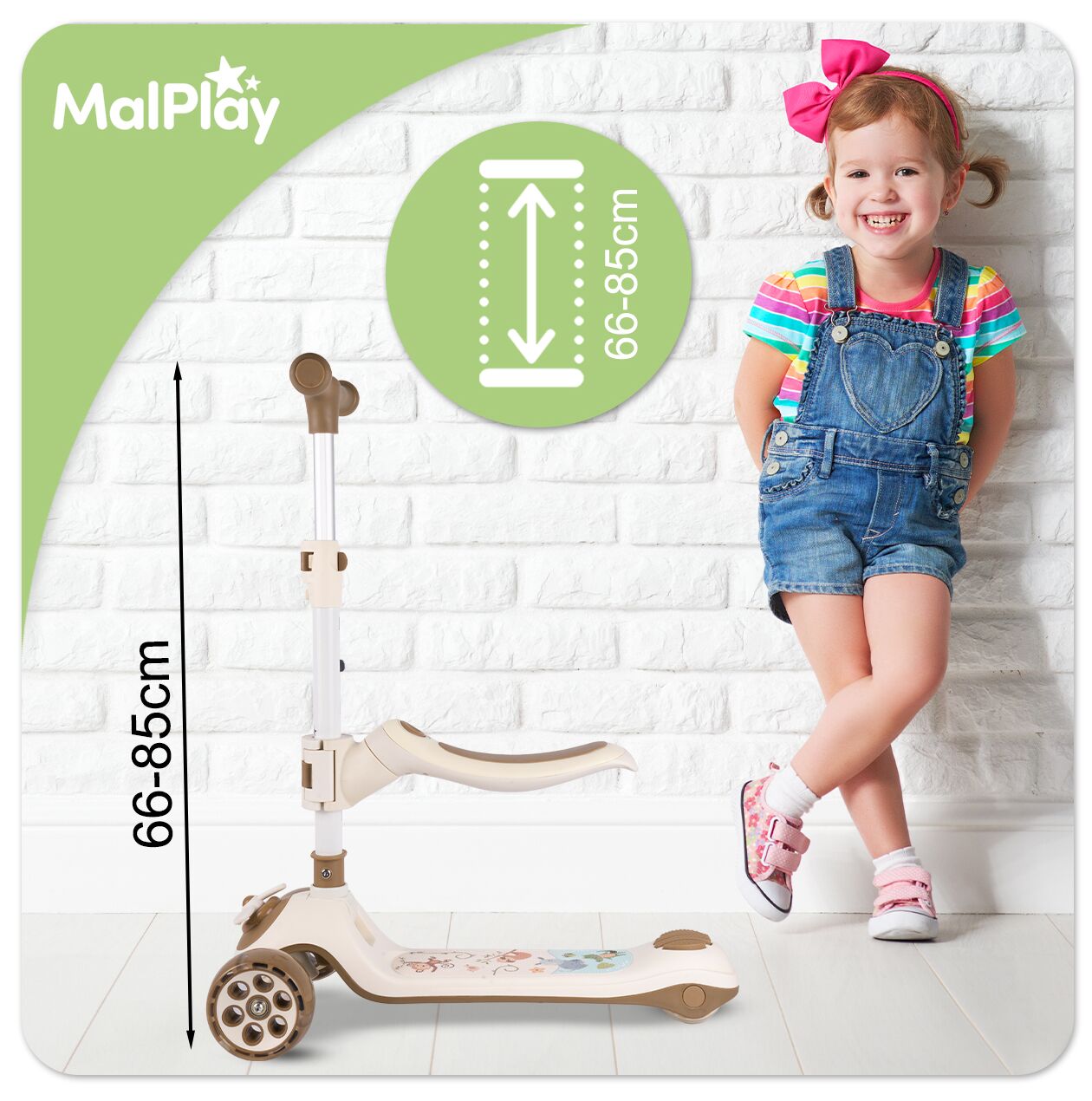 Trotineta pliabila cu 3 roti 3 in 1, bej, MalPlay 112330