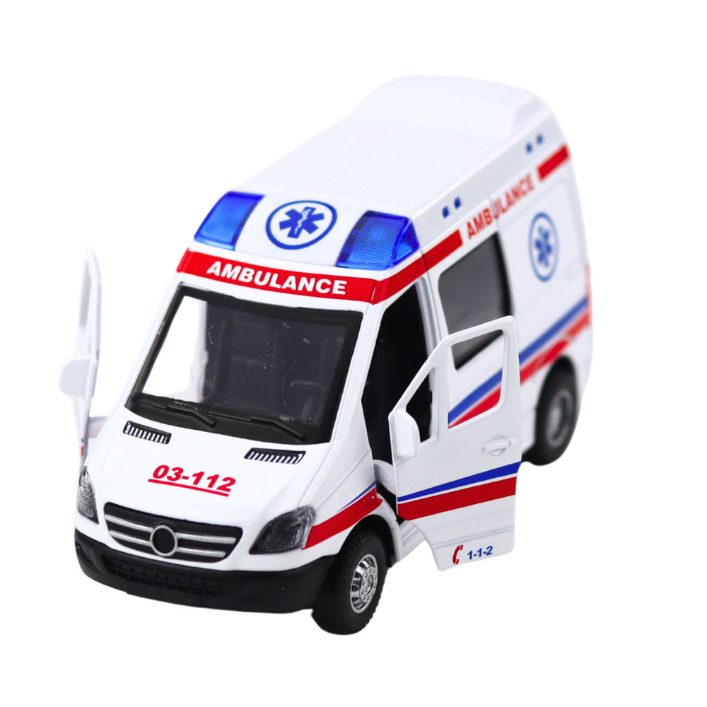 Ambulanta metalica 1:32 cu sistem pull back, efecte de lumina si sunet, Lean 23178