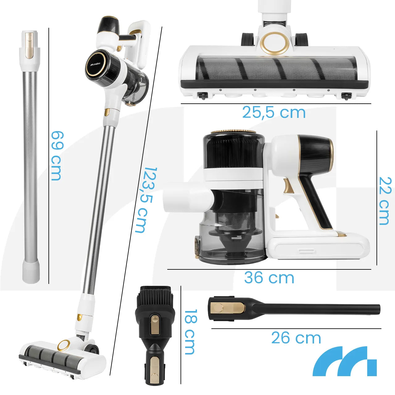 Aspirator vertical fara fir Turbocyclone PRO1000, 30 KPA, capacitate 600 ml, iluminare LED, set accesorii, MalTec 113250
