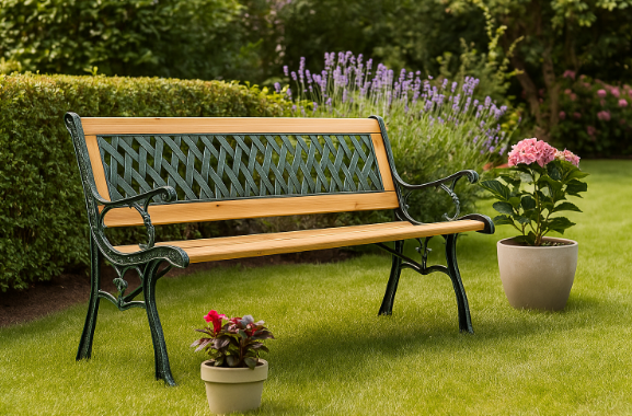 Banca de gradina din lemn cu spatar din metal, 73 x 125 cm, Lean 26568