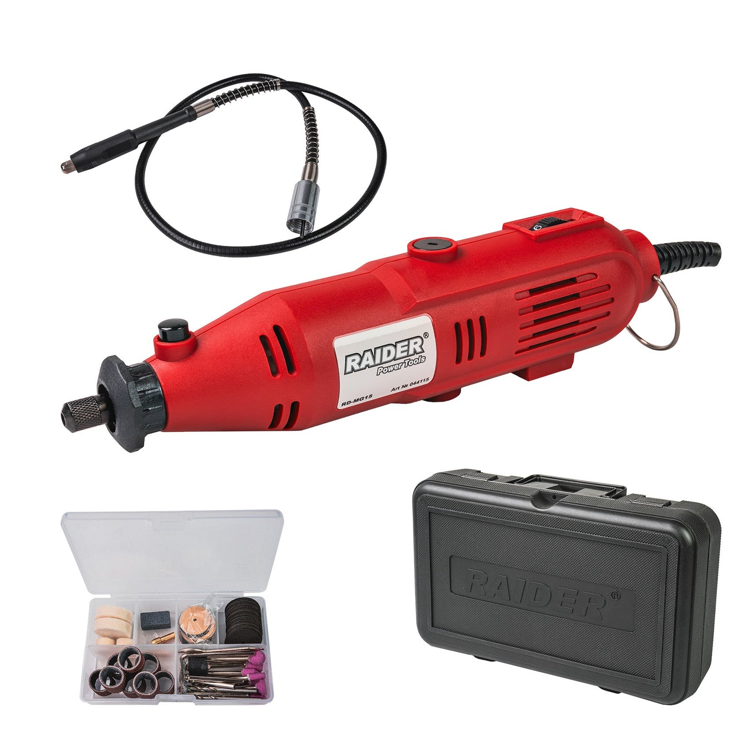 Set mini polizor drept cu 100 accesorii RD-MG15 135 W, viteza variabila, Raider 044115