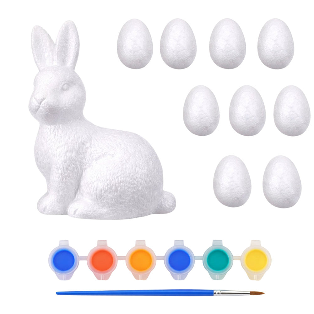 Set pictura, 9 oua polistiren, figurina iepure, 6 culori, 3.5 x 2.5 cm, 10 x 7.5 cm, Lean 21364