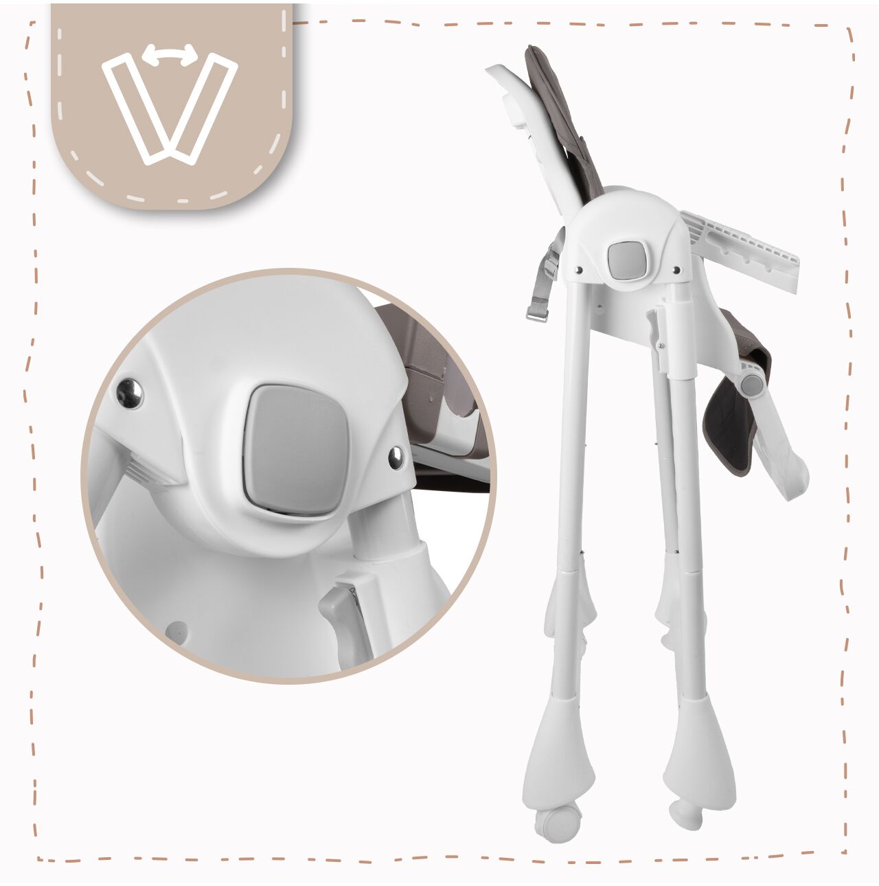 Scaun inalt pliabil pentru hranire cu roti, alb / gri, MalPlay 113159