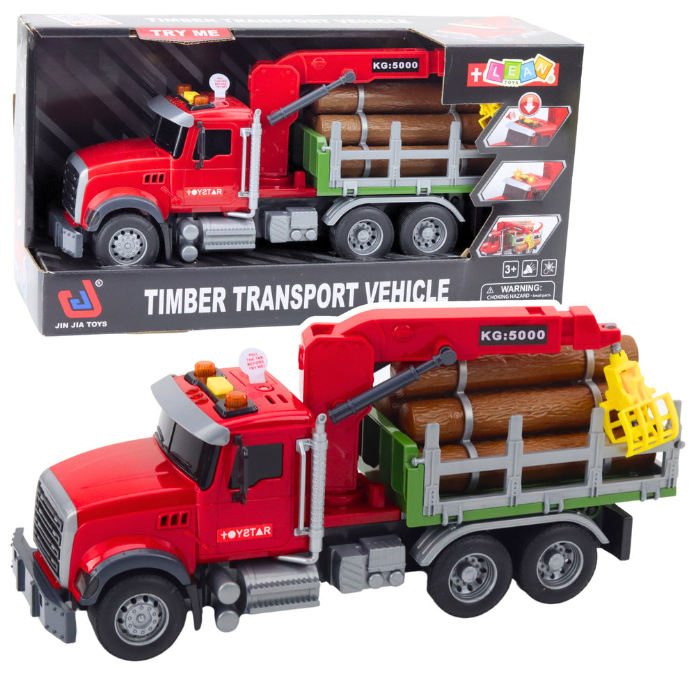 Camion cu macara pentru lemne cu 3 busteni, 31 x 13.5 x 10.5 cm, efecte sonore si luminoase, rosu, Lean 21447