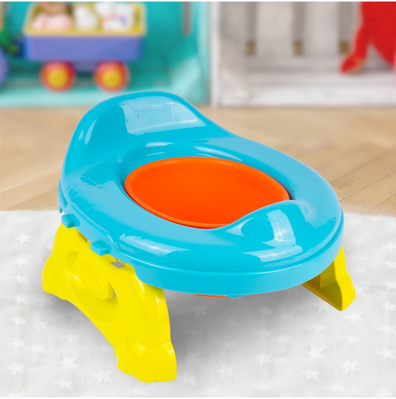 Olita portabila 2 in 1 pentru copii (suport toaleta si olita), albastru / galben / portocaliu, MalPlay 111558