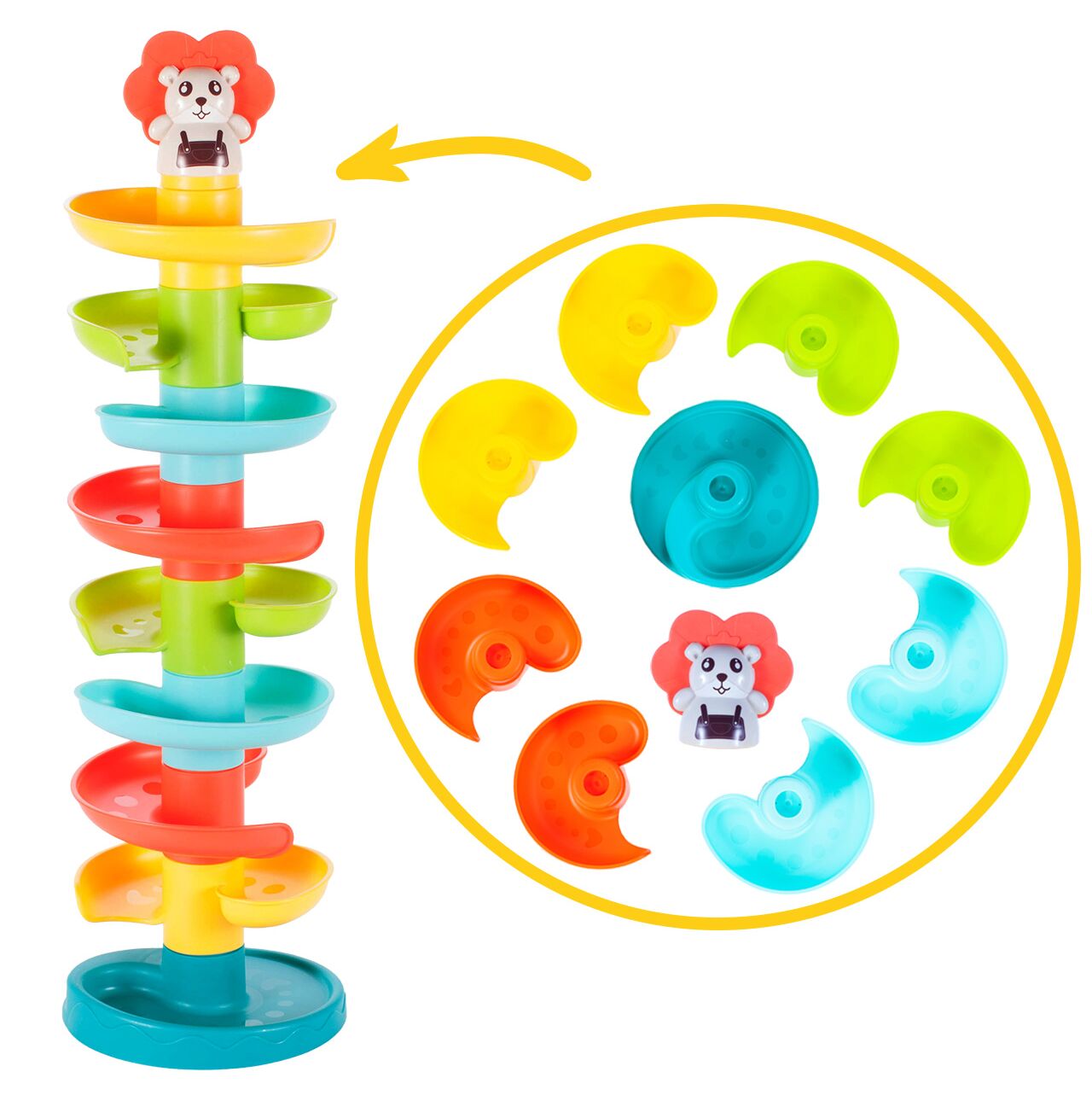 Jucarie pentru copii tobogan spiralat multicolor, inaltime 60 cm, 6 bilute, MalPlay 108092
