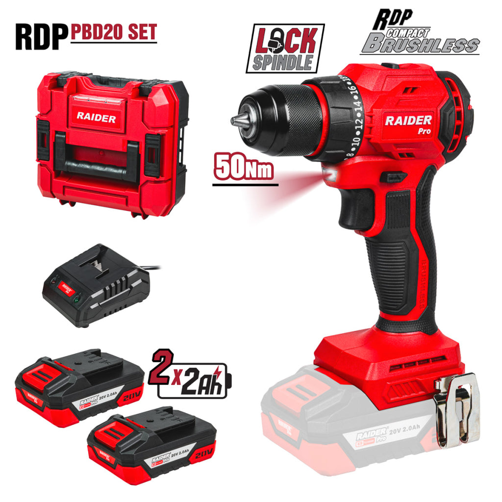 Masina de gaurit si insurubat cu acumulator RDP-PBD20 2 x 2 Ah, 20 V, 50 Nm, Raider 030260