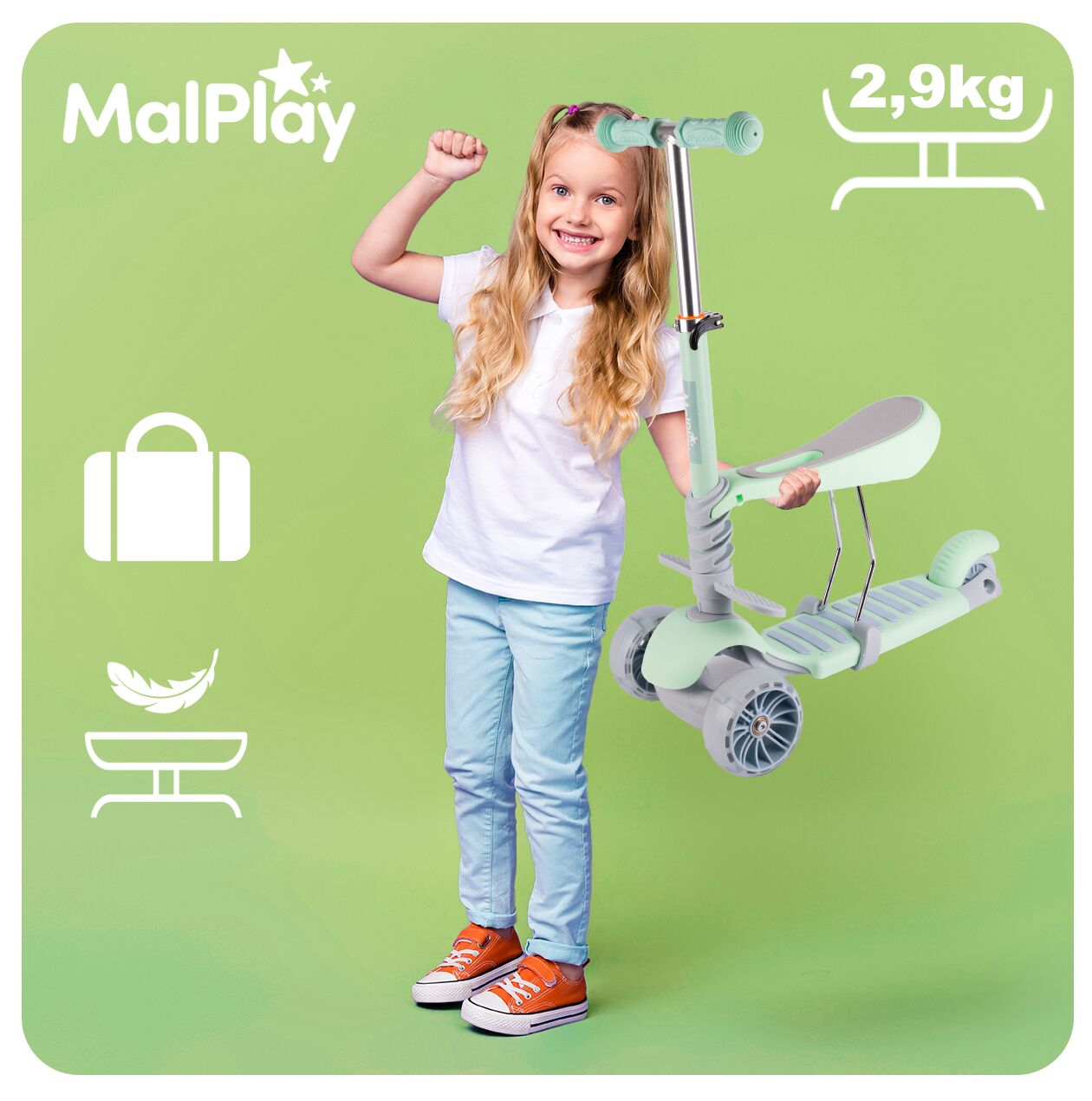 Trotineta pliabila cu 3 roti 3 in 1, roti LED, verde, MalPlay 111338