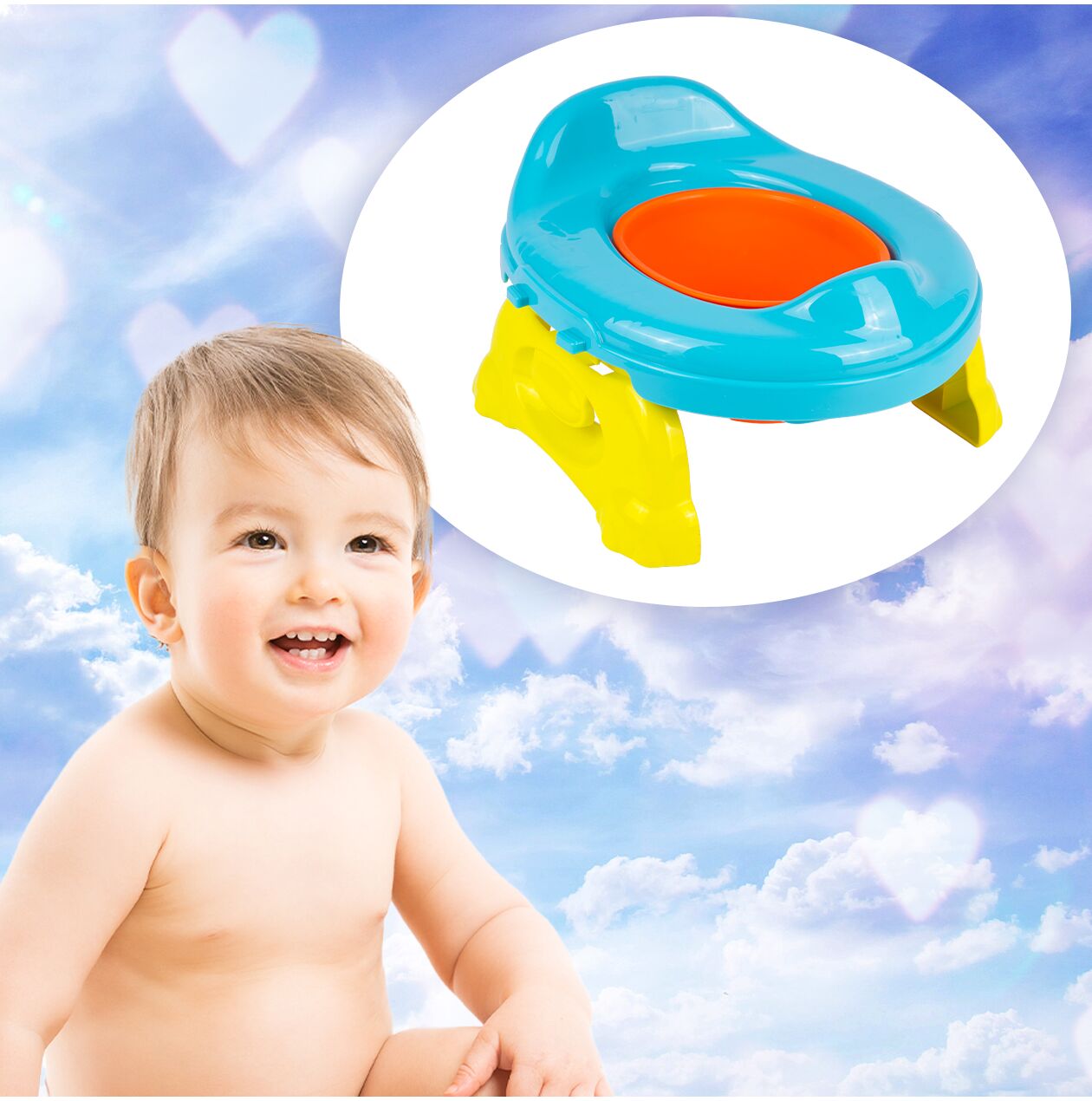 Olita portabila 2 in 1 pentru copii (suport toaleta si olita), albastru / galben / portocaliu, MalPlay 111558