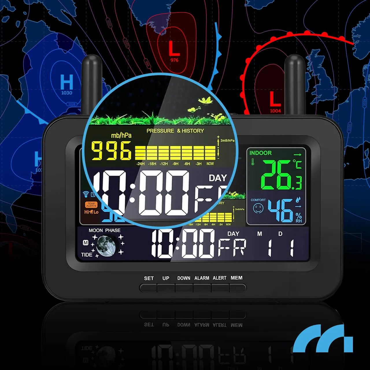 Statie meteo wireless, termometru, barometru, alarma, masurare temperatura, umiditate, negru, MalTec 111979