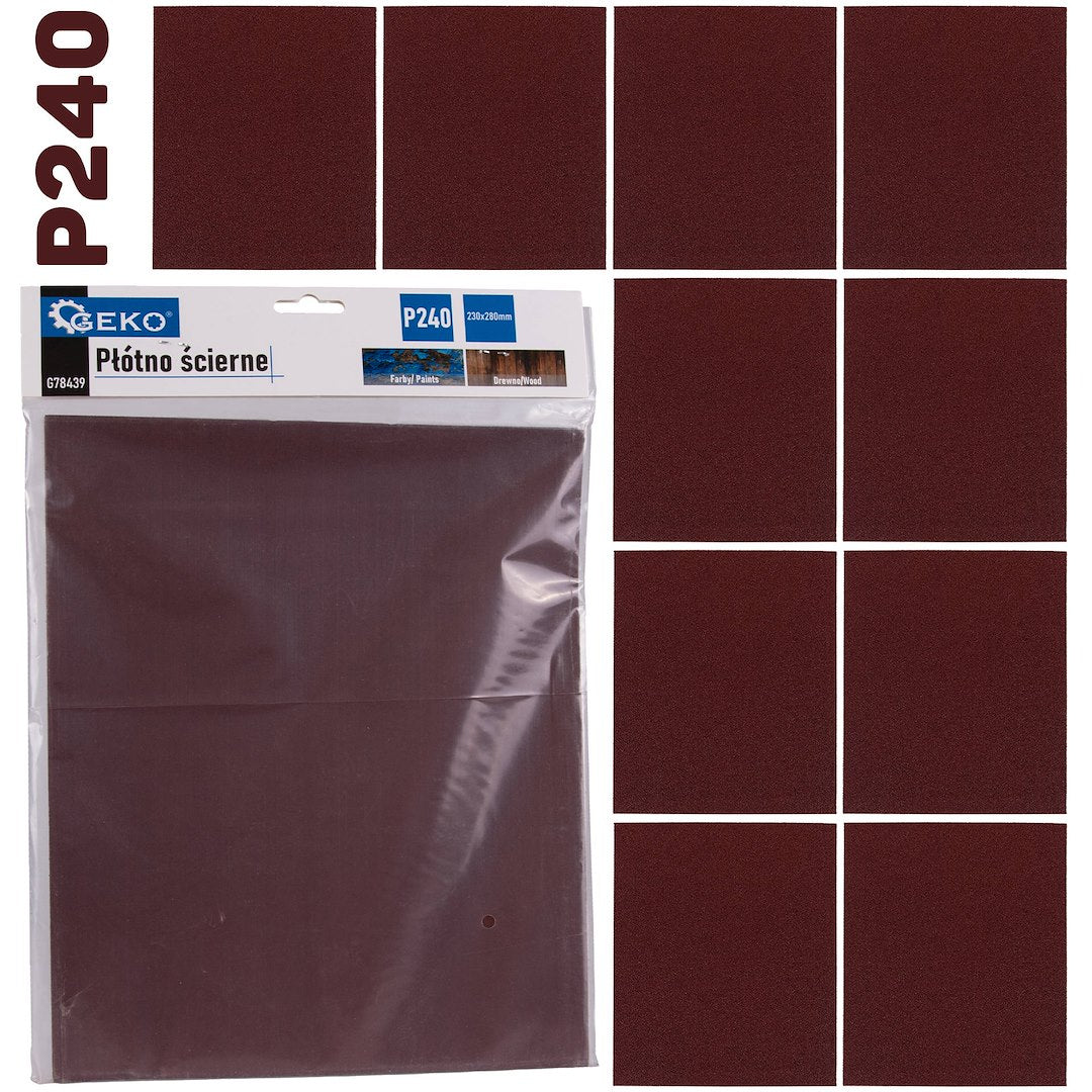 Set foaie abraziva pentru slefuit, 230 x 280 mm, P240, 10 bucati, Geko G78439