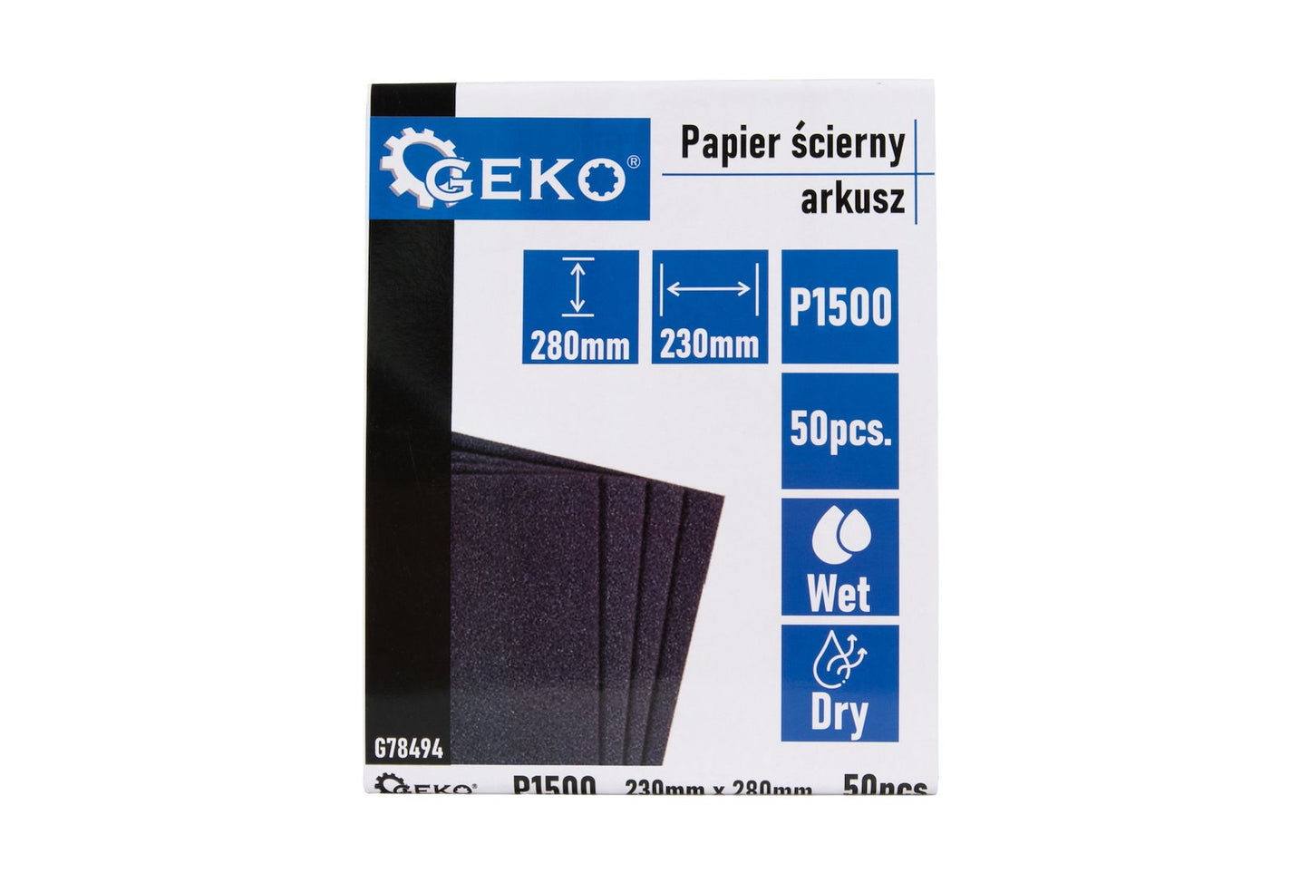 Set hartie abraziva pe baza de apa, 230 x 280 mm, P1500, 50 bucati, Geko G78494