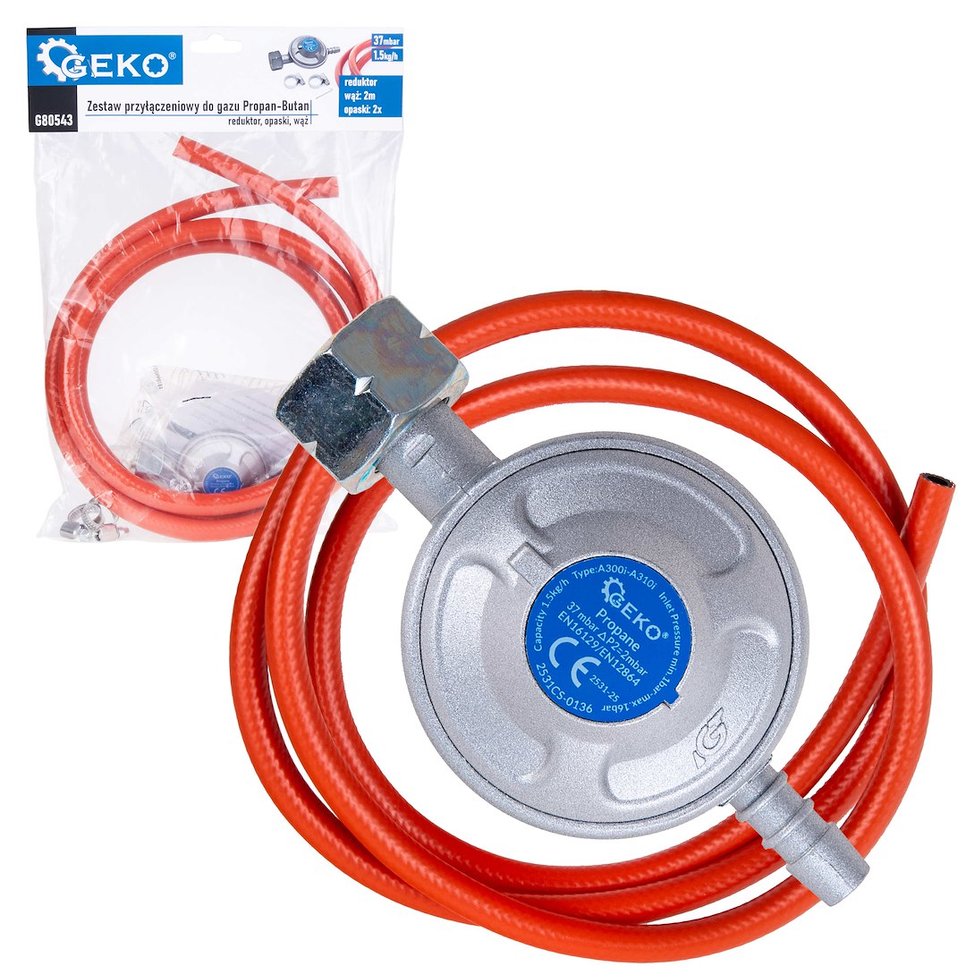 Set racord gaz propan butan – regulator, cleme si furtun, 2 m, Geko G80543