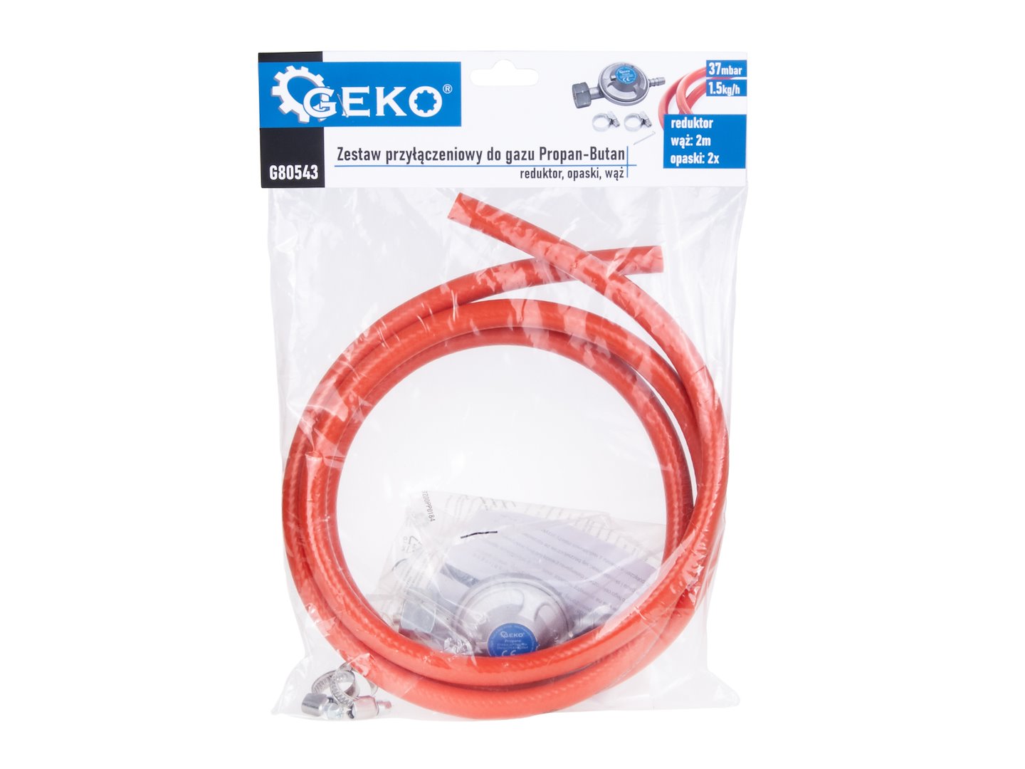 Set racord gaz propan butan – regulator, cleme si furtun, 2 m, Geko G80543