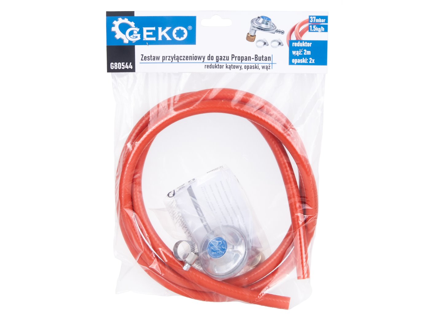 Set racord gaz propan butan – regulator unghiular, cleme si furtun, 2 m, Geko G80544