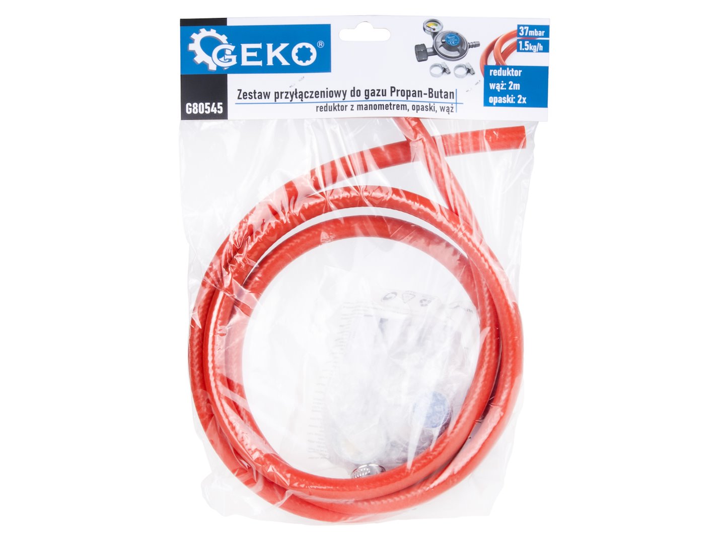 Set racord gaz propan butan – regulator cu manometru, cleme si furtun, 2m, Geko G80545