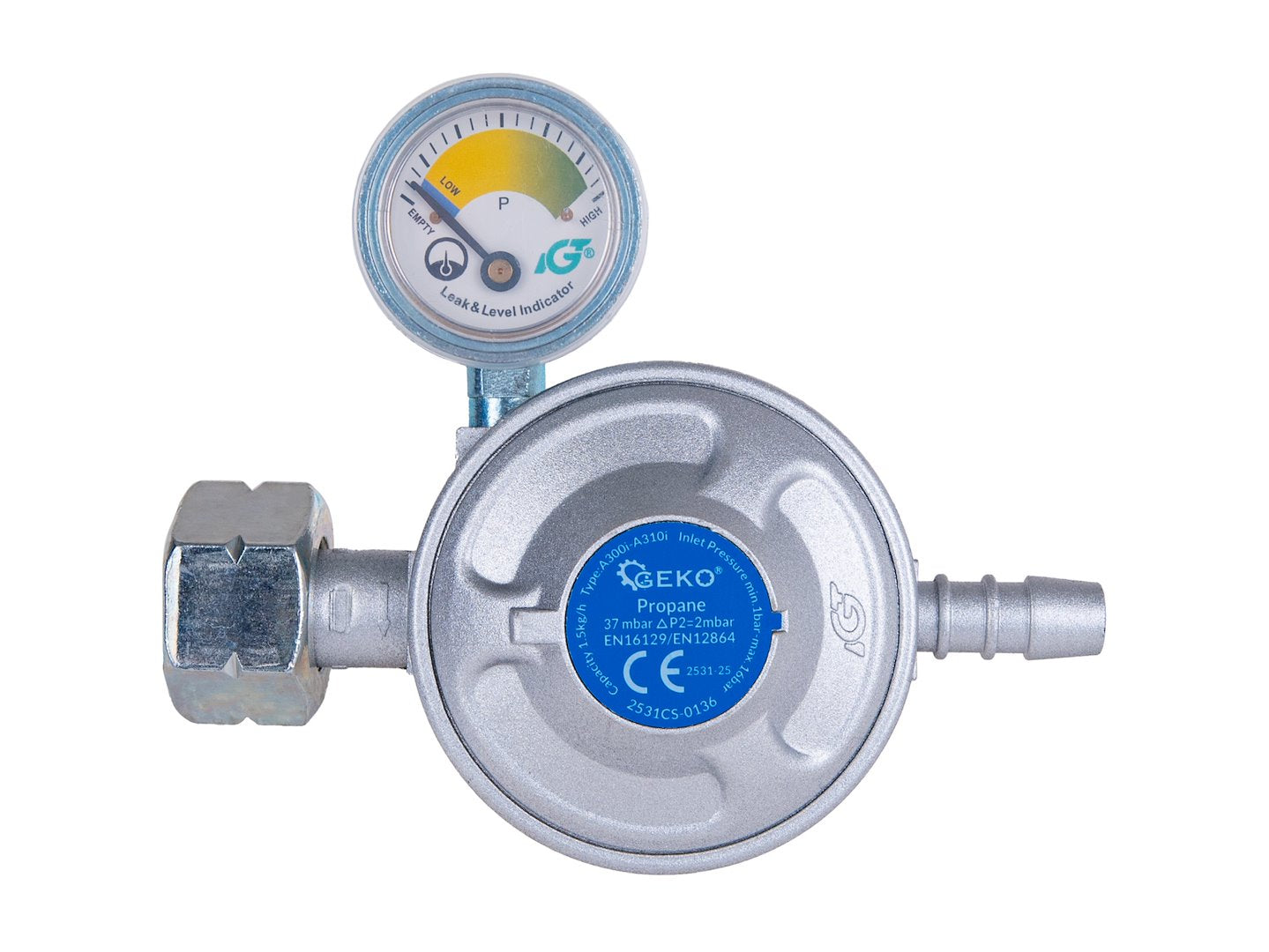 Set racord gaz propan butan – regulator cu manometru, cleme si furtun, 2m, Geko G80545