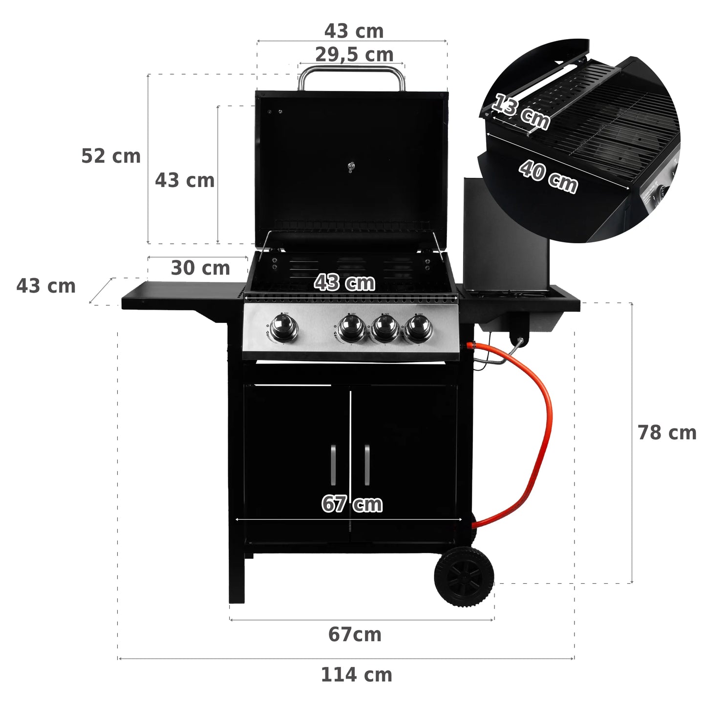 Gratar de gradina pe gaz 3 + 1 cu capac 11.6 kW, MalTec 109084