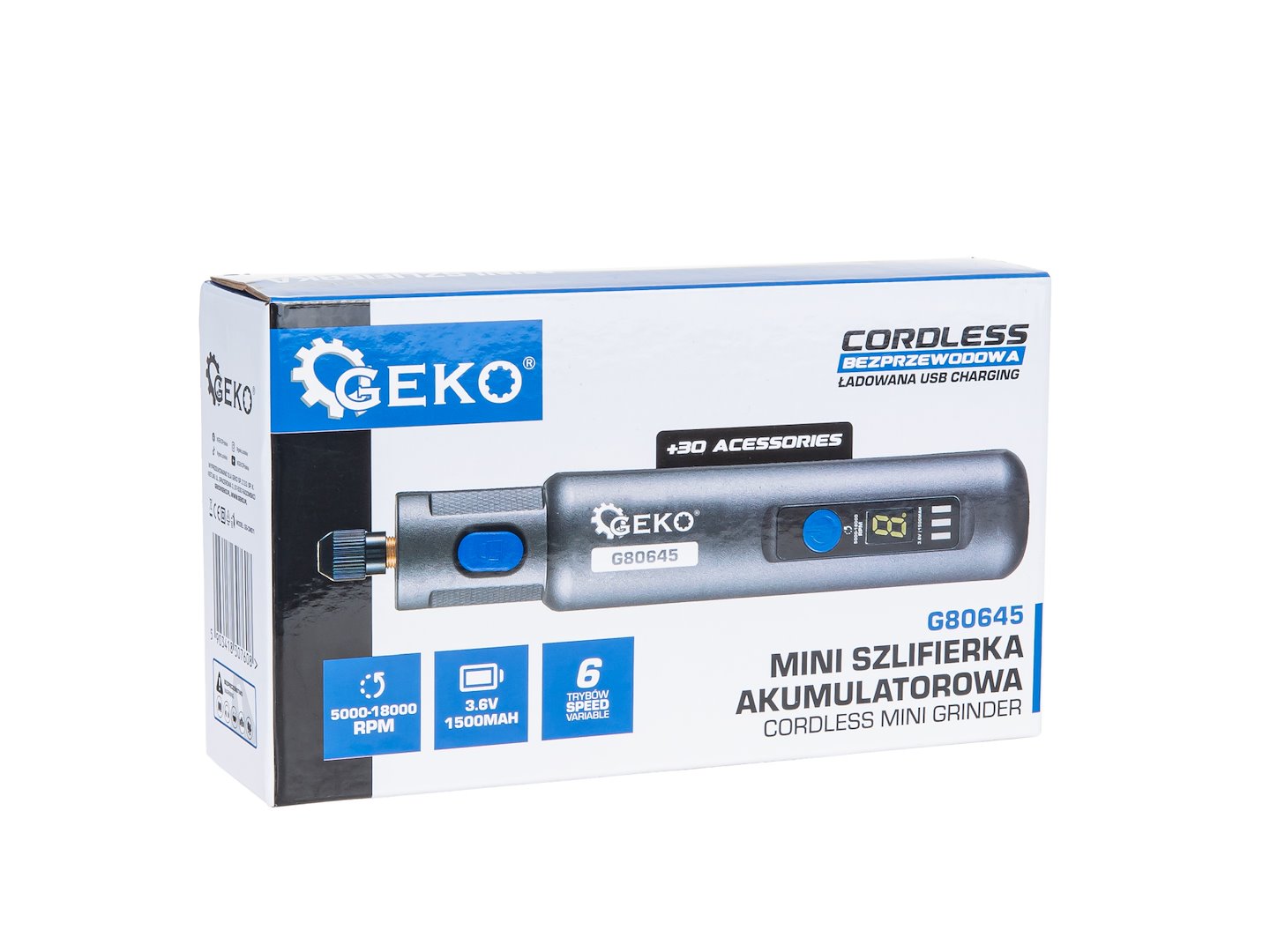 Mini polizor drept cu acumulator si accesorii, functie de control al vitezei, 3.6 V, Geko G80645