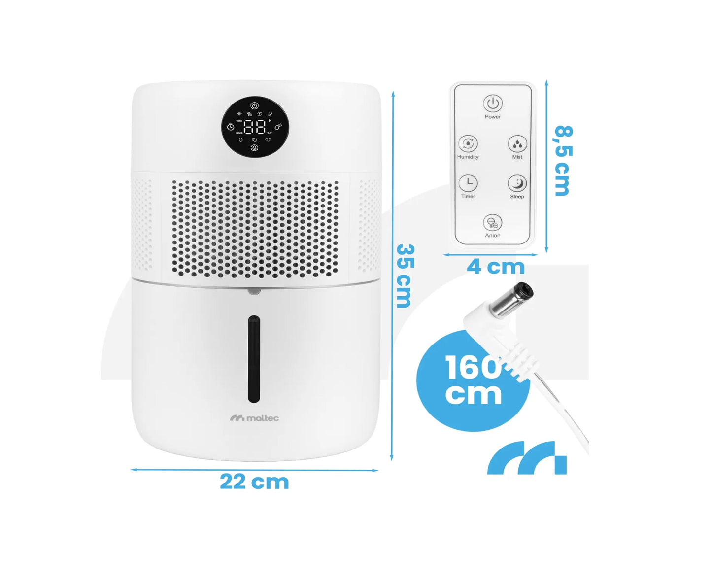 Umidificator de aer cu functie de ionizare, difuzor de aromaterapie si telecomanda, temporizator, 400 ml / h, 8 W, MalTec 113477