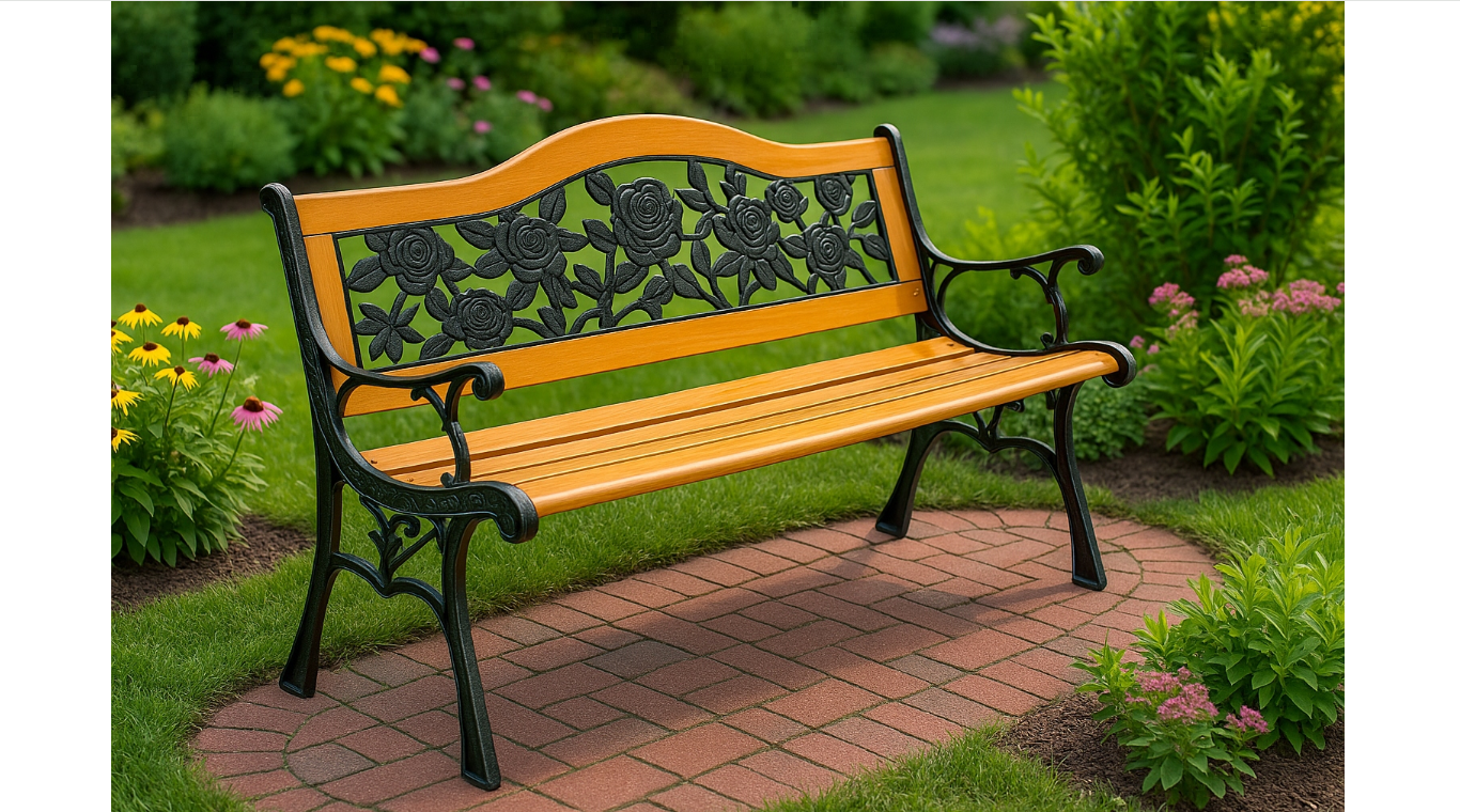 Banca de gradina din lemn cu spatar din metal, 73 x 125 cm, Lean 26570