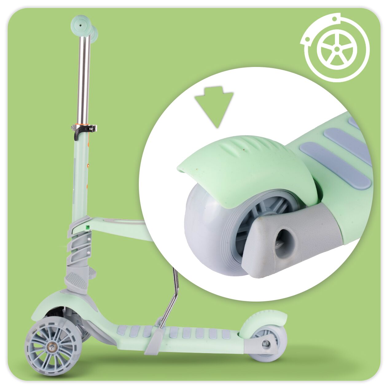 Trotineta pliabila cu 3 roti 3 in 1, roti LED, verde, MalPlay 111338