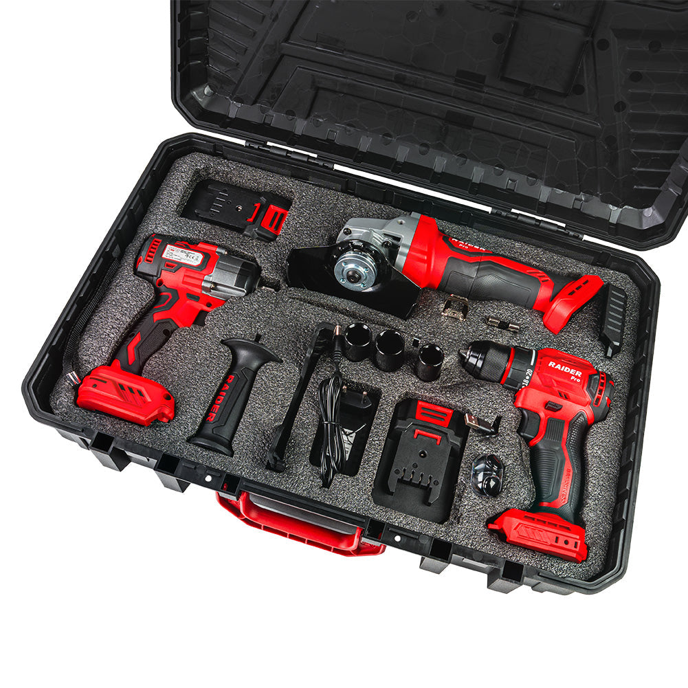 Set bormasina, polizor unghiular si cheie de impact cu acumulator, 2 x 2 Ah, Raider 030255