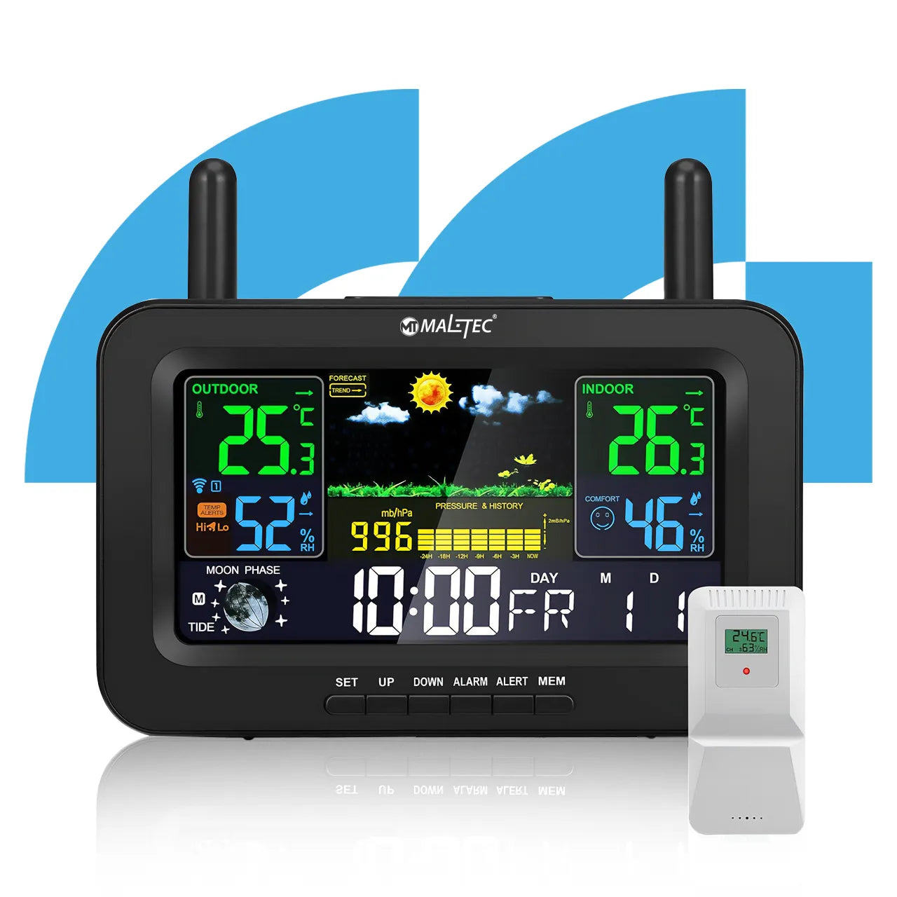 Statie meteo wireless, termometru, barometru, alarma, masurare temperatura, umiditate, negru, MalTec 111979