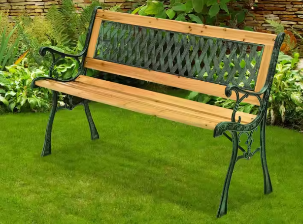 Banca de gradina din lemn cu spatar din metal, 73 x 125 cm, Lean 26568