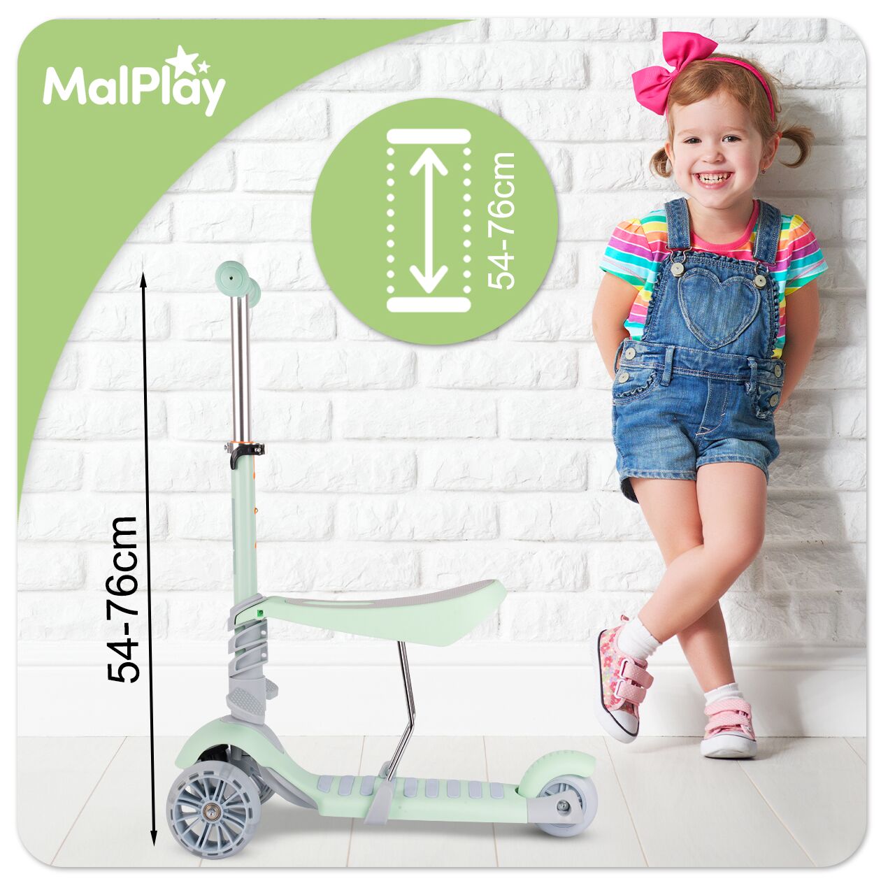 Trotineta pliabila cu 3 roti 3 in 1, roti LED, verde, MalPlay 111338