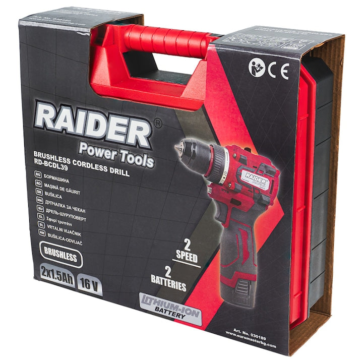 Masina de gaurit si insurubat RD-BCDL39 fara perii, 16V, 2 viteze, 2 baterii x1, 5Ah, Raider 030189
