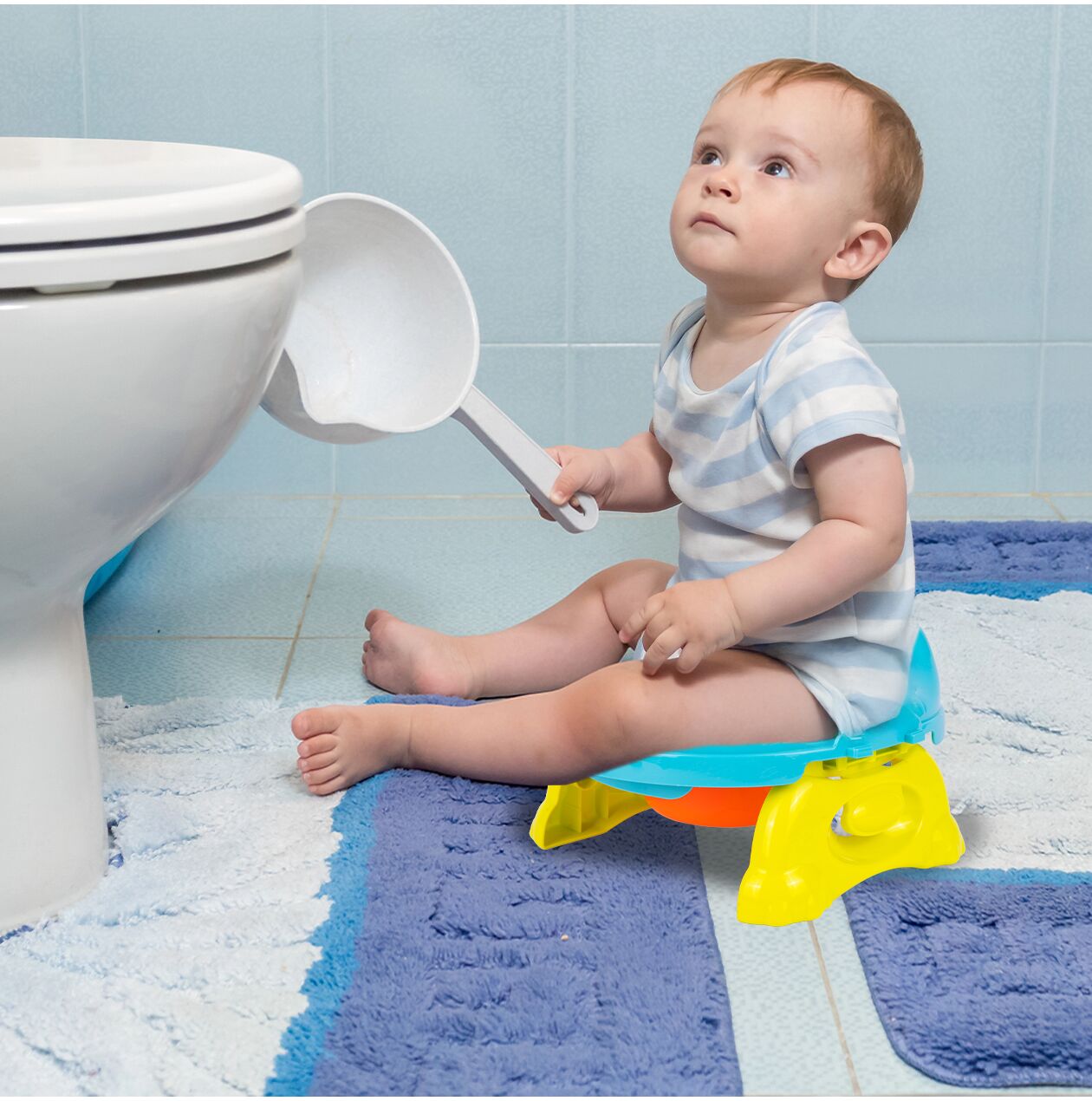 Olita portabila 2 in 1 pentru copii (suport toaleta si olita), albastru / galben / portocaliu, MalPlay 111558