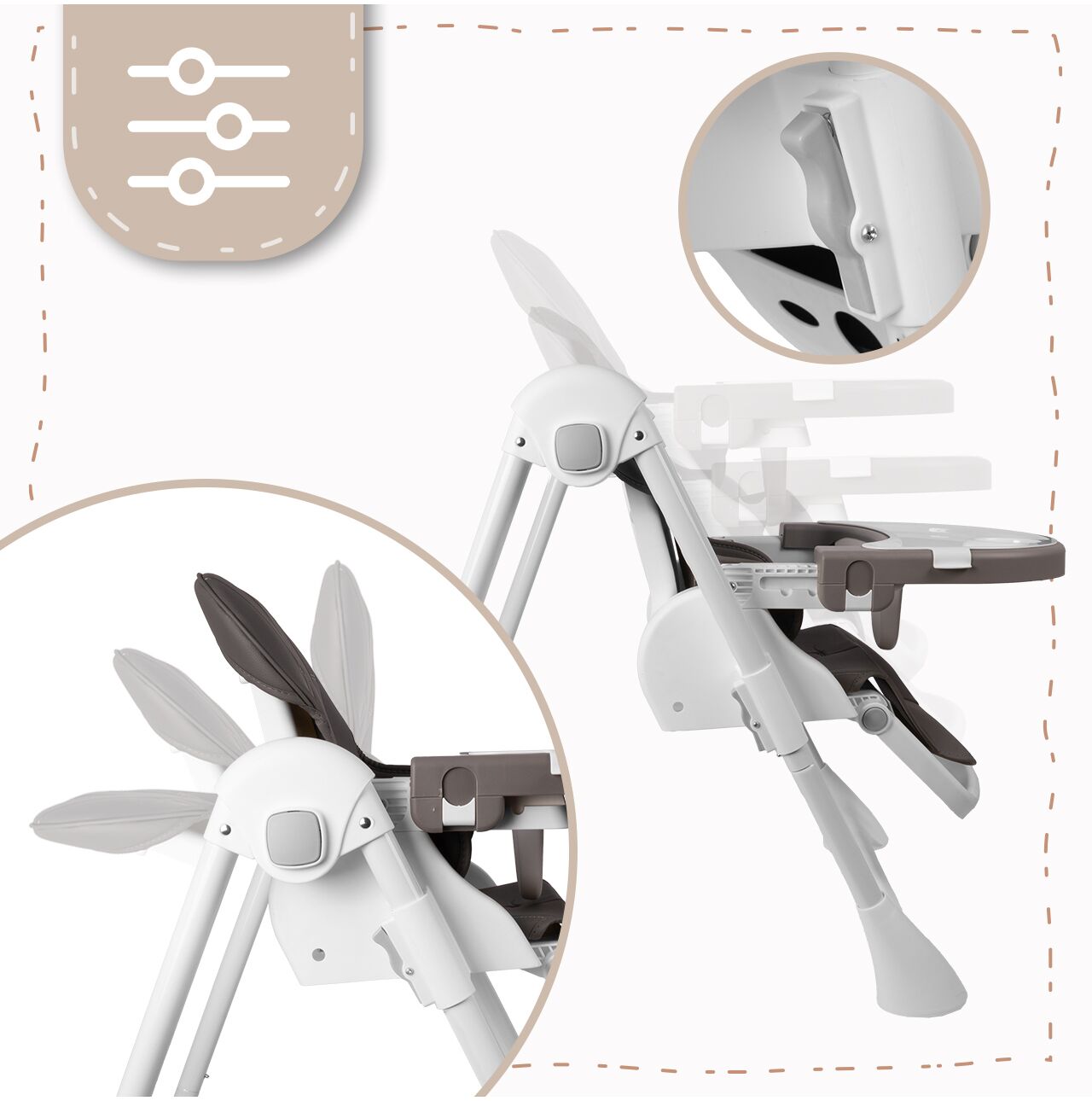 Scaun inalt pliabil pentru hranire cu roti, alb / gri, MalPlay 113159