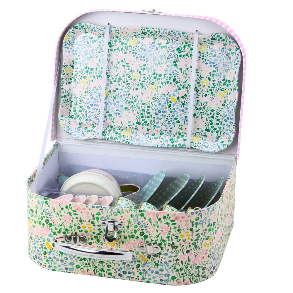 Set de ceai metalic pentru copii, 15 piese, design floral, 26 x 18.5 x 11 cm, Lean 25104