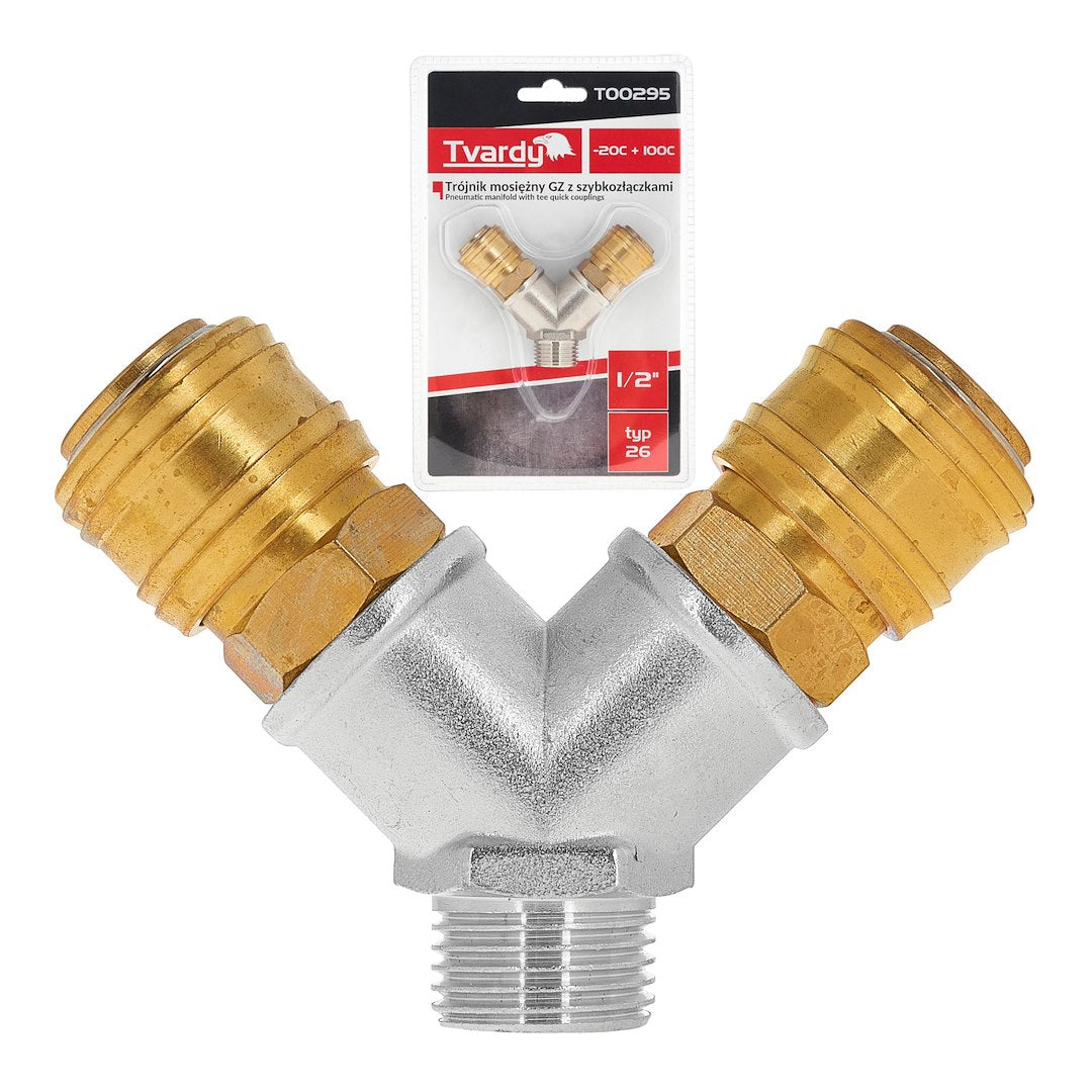 Racord T din alama GZ 1 / 2" cu conectori rapizi, Tvardy T00295
