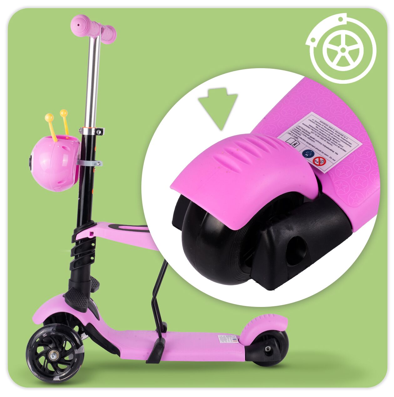 Trotineta cu 3 roti cu scaun si cos Ladybug, roz, MalPlay 111337