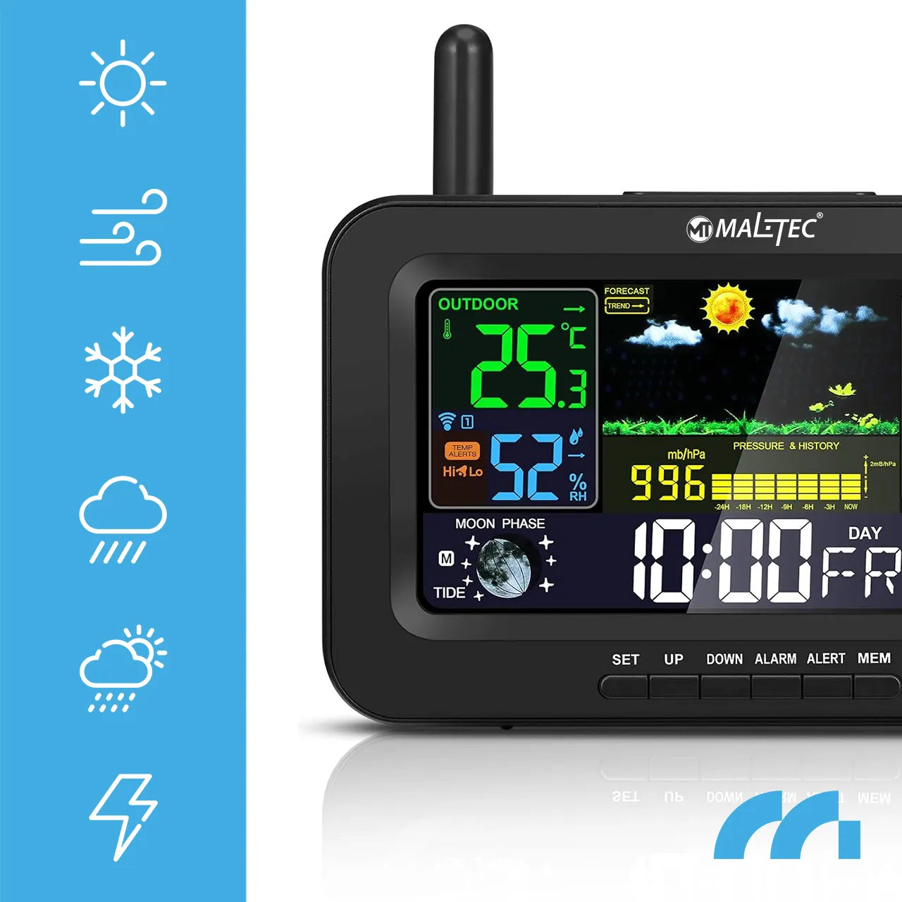 Statie meteo wireless, termometru, barometru, alarma, masurare temperatura, umiditate, negru, MalTec 111979