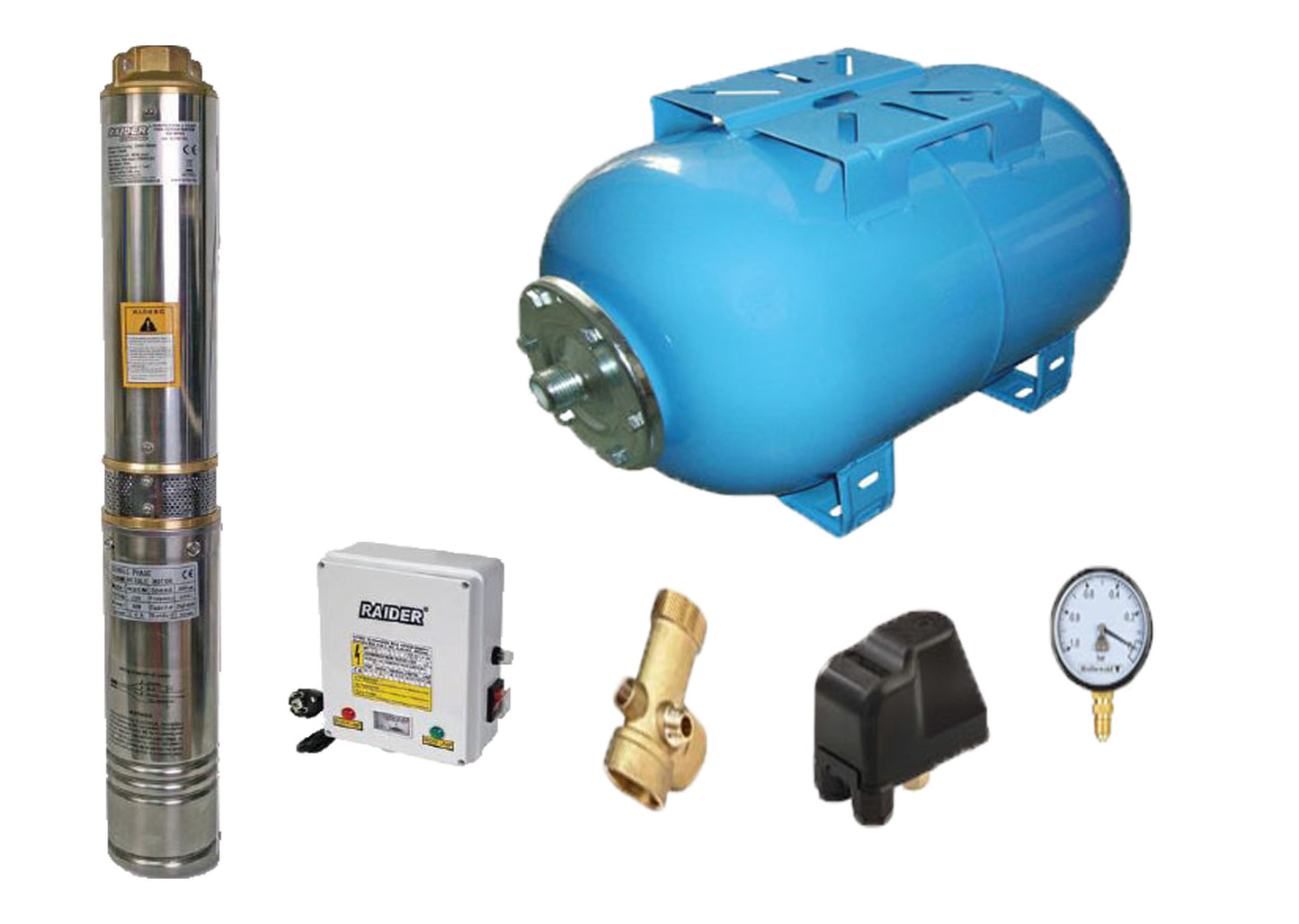 Kit complet sistem hidrofor, pompa de apa submersibila Raider RD-WP31/24, rezervor de 24 litri, presostat, racord 5 cai, manometru, 070138/24