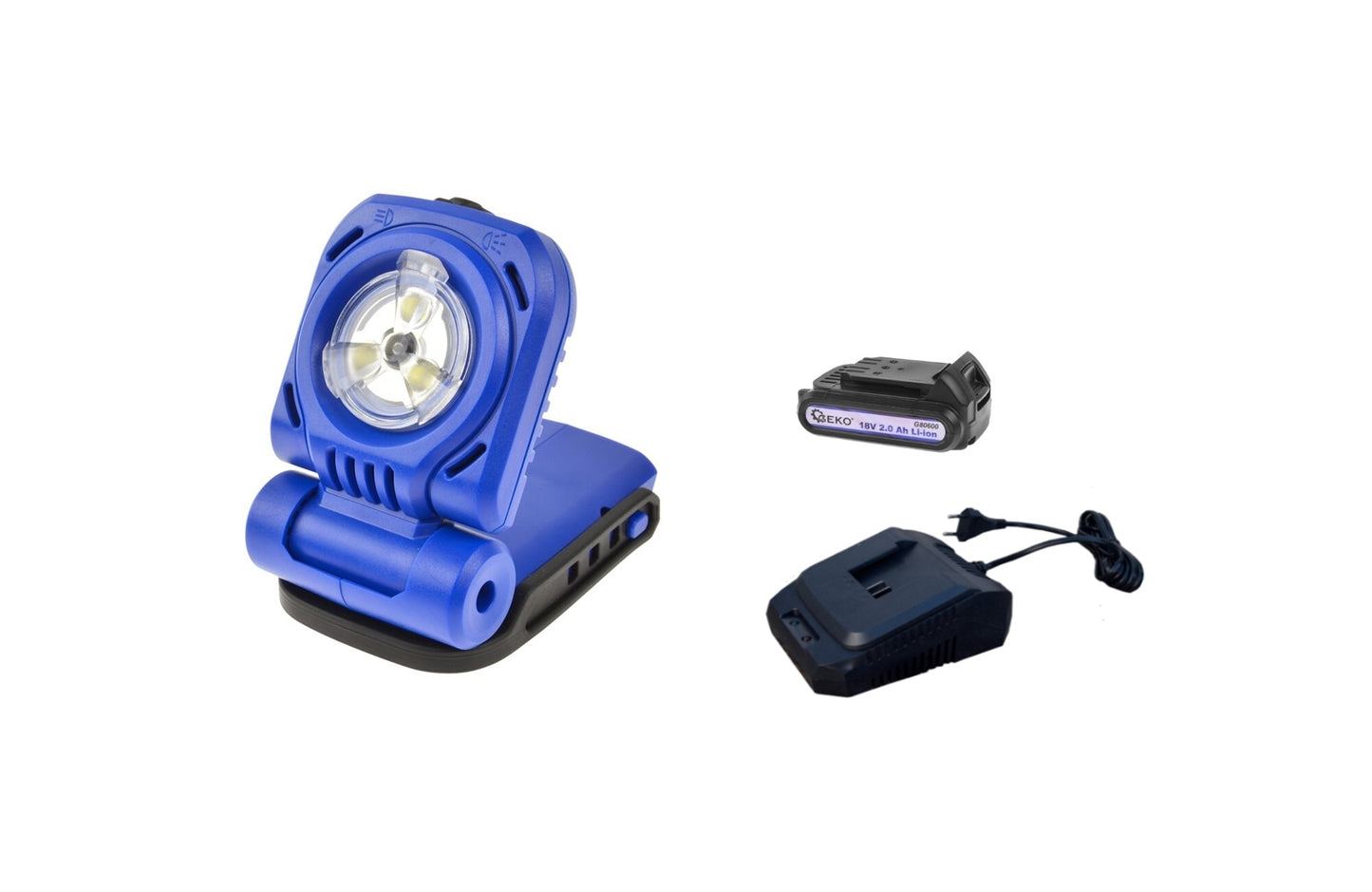 Lanterna cu acumulator Geko + acumulator Li-ion 18V 2.0 Ah + incarcator