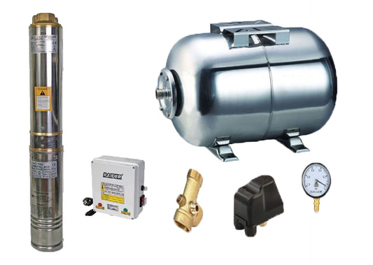 Kit complet sistem hidrofor, pompa de apa submersibila Raider RD-WP31/50, rezervor de 50 litri din inox, presostat, racord 5 cai, manometru, 070138/50I