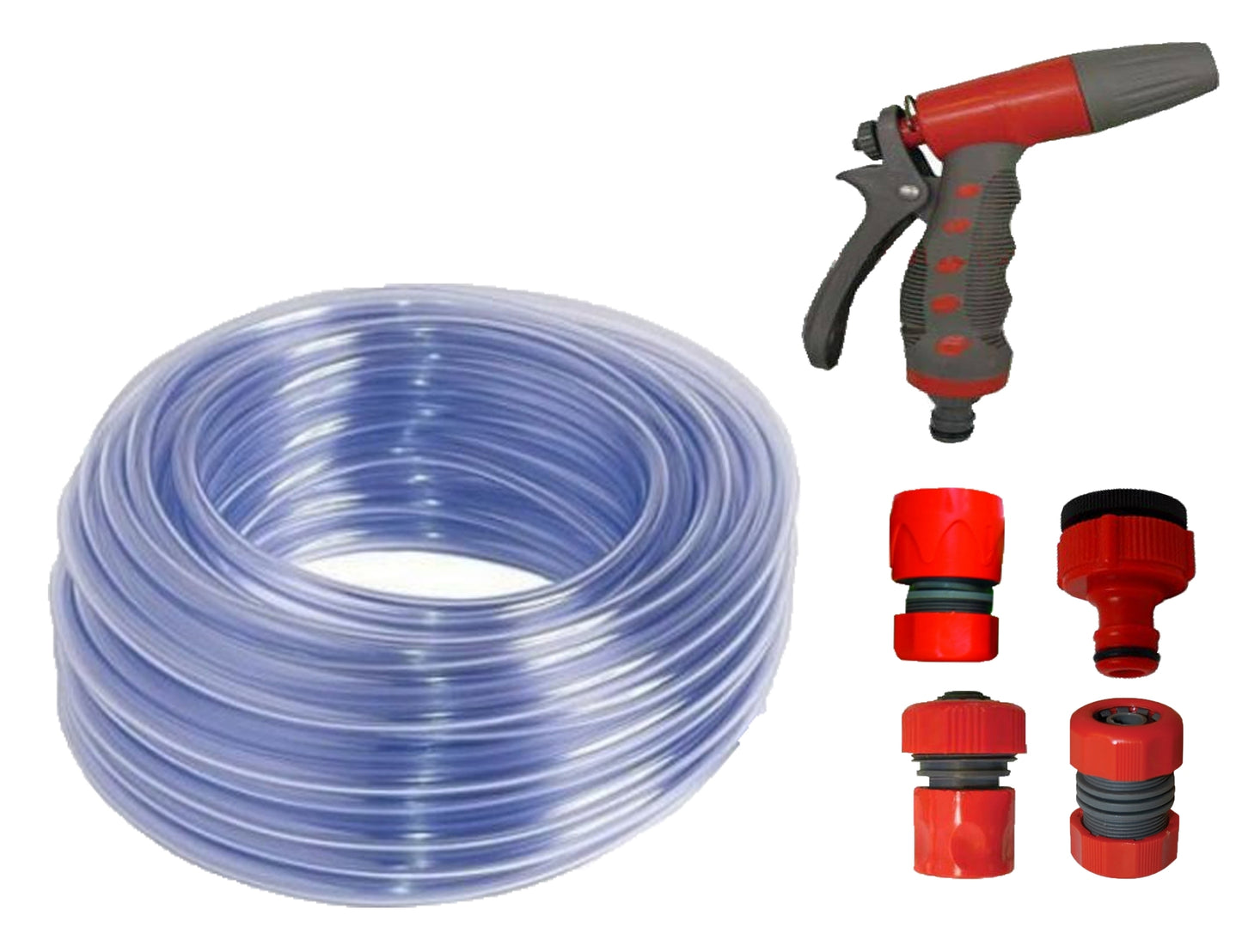 Kit gradina, furtun silicon 3/4", pistol multifunctional, conector furtun 3/4", adaptor pentru robinet 1/2-3/4-1", conector cu stop 3/4, conector imbinare 3/4"