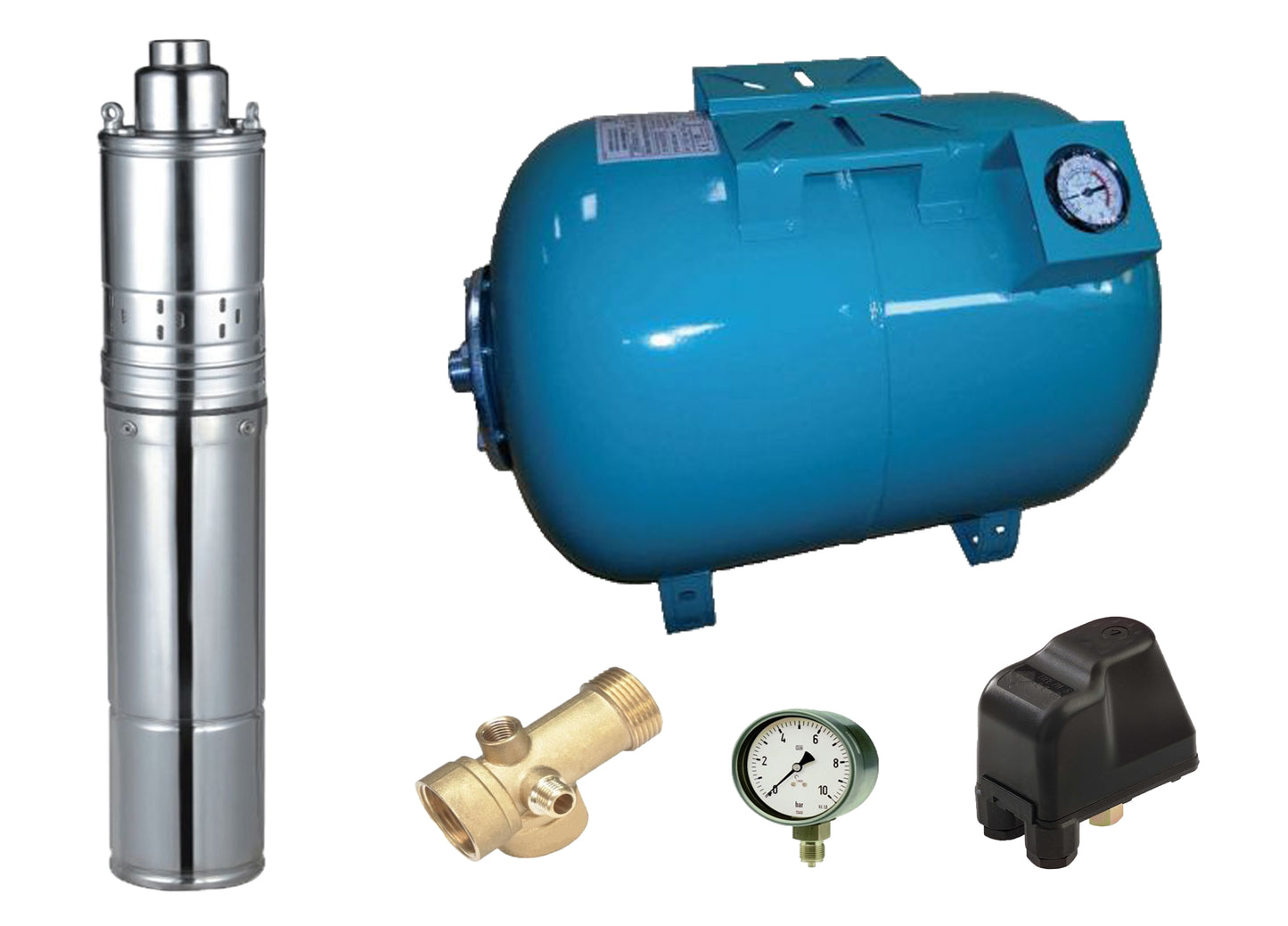 Kit complet sistem hidrofor, pompa submersibila cu surub Maxima 4QGD 0.37/80, rezervor de 80 litri cu manometru, presostat, racord 5 cai, manometru, 03034020/80M