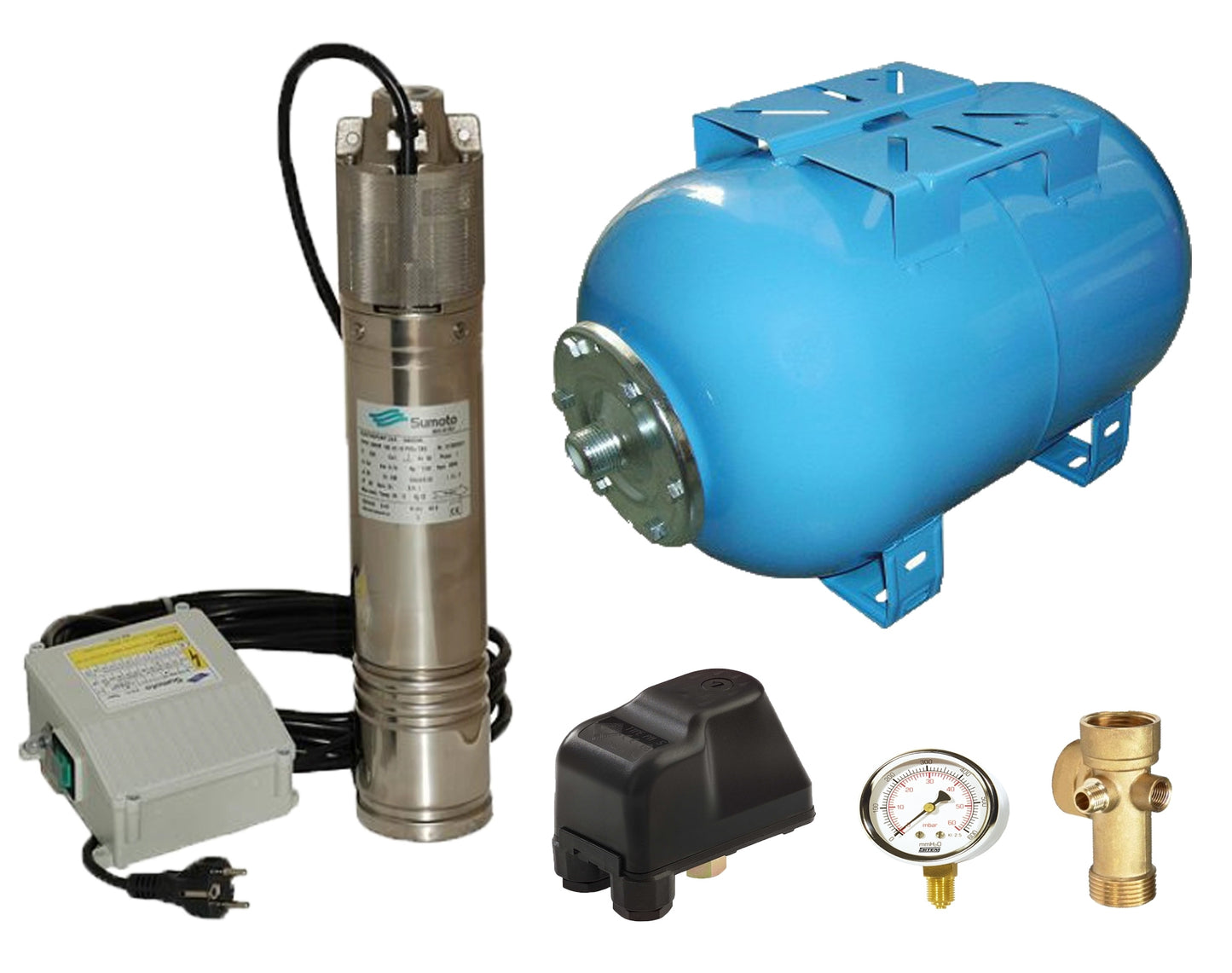 Kit complet sistem hidrofor, pompa submersibila SUMOTO ONKM150/24, rezervor de 24 litri, presostat, racord 5 cai, manometru, SM0071/24